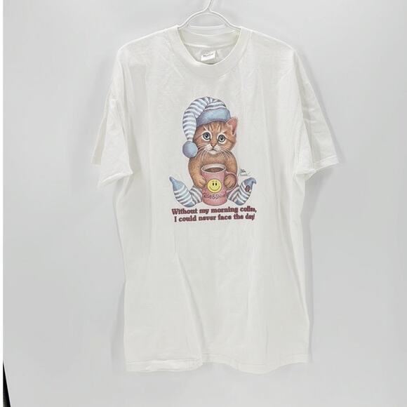 Vintage 90s 80s cat coffee night shirt size S/M cat lover crazy cat lady - Picture 1 of 6